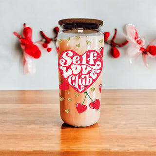 Wholesale 20oz glass cups with bamboo lid and glass straw featuring Self Love Club and red hearts for unique gifts.