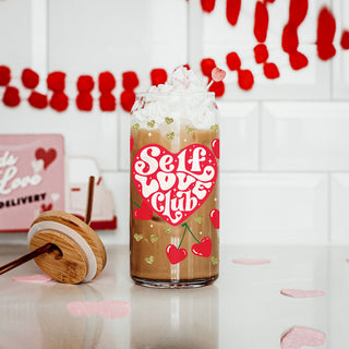 20oz glass cups with bamboo lid and glass straw for wholesale, featuring Self Love Club and red heart cherry graphics.
Wholesale empowering gifts for women with Self Love Club 20oz glass cups, bamboo lid, and glass straw.