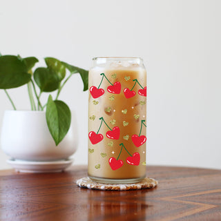 "Self Love Club" 20oz glass cups with bamboo lid, glass straw, and retro cherry heart graphics.
Cute 20oz glass cups with bamboo lid, glass straw, and glittering gold hearts for a self-love gift.
20oz glass cups with bamboo lid, glass straw, and retro font "Self Love Club" for Valentine’s Day.