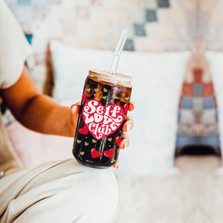 Wholesale 20oz glass cups with bamboo lid and glass straw, featuring Self Love Club and inspiring messages for empowering gifts.