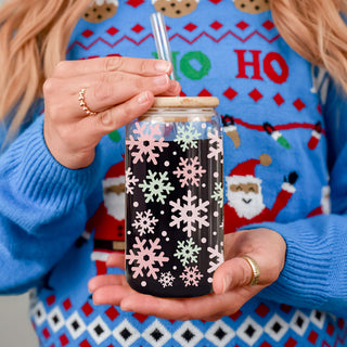 Christmas stocking stuffer - pastel pink and mint holiday tumbler cup
Reusable holiday iced coffee glass - pastel snowflake tumbler cup
Christmas pastel decor tumbler - festive snowflake glass cup gift