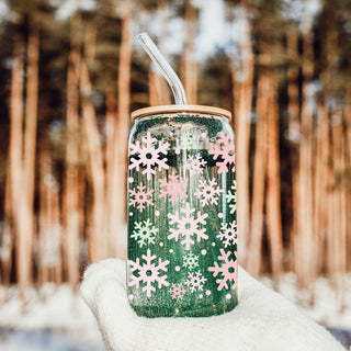 Christmas kitchen gifts glass cup 17oz - Pastel pink mint snowflake tumbler bamboo lid glass straw - Holiday decor
Holiday coffee mug – pink and green mint snowflake Christmas glass tumbler