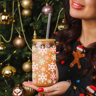 Christmas kitchen decor glass cup 17oz - Pastel snowflake pink mint holiday tumbler with straw - Soft winter drinkware
Christmas kitchen decor – glass cup with pastel snowflake design for holiday coffee bar