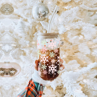 Winter snowflake glass tumbler 17oz bamboo lid - Pastel pink mint holiday coffee cup glass straw - Christmas drinkware
pastel pink Christmas Decor and green snowflake Christmas glass tumbler