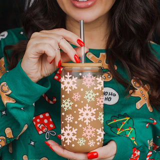 Trendy winter tumbler - pastel snowflake Christmas glass with bamboo lid
Christmas glass drinkware 17oz - Pastel snowflake pink mint holiday cup with glass straw - Soft color kitchen gift
pastel pink and green snowflake glass cup