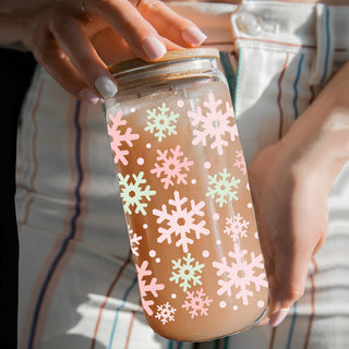 Girly Christmas tumbler - pastel pink and mint snowflake design glass
Eco-friendly Christmas tumbler - reusable pastel holiday snowflake glass
Holiday kitchen gift - pastel snowflake tumbler with bamboo lid and straw
