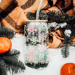 Winter snowflake tumbler - pastel Christmas design reusable glass cup
Modern pastel holiday glass tumbler - pink and mint snowflake cup
Unique Christmas tumbler - pastel snowflake design with festive colors