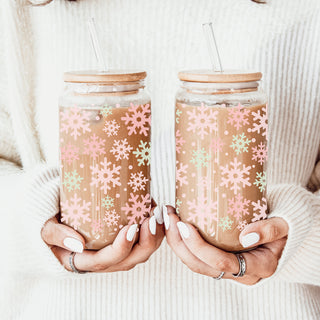 Christmas pastel pink mint snowflake coffee cup gifts - Winter festive drinkware bamboo lid
Christmas glass tumbler with mint and pink snowflake wrap