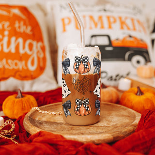 gothic style drink glass
luxury halloween tumbler
black white bow glass set
designer pumpkin tumbler