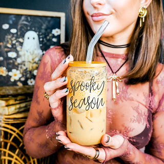 Halloween themed glass tumbler with quote
Haunted season coffee tumbler with straws
Bulk Spooky season gift glass drinking set