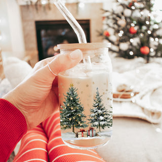 USA Wholesale Glass Christmas tumbler 17oz bamboo lid - Winter tree holiday coffee cup reusable glass straw - Eco-friendly drinkware