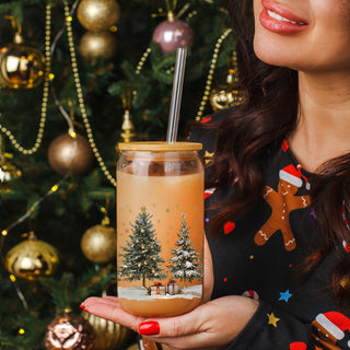 Festive holiday glass cup with bamboo lid and straw - snowy Christmas tree tumbler
Christmas kitchen gift - glass tumbler cup with winter wonderland scene