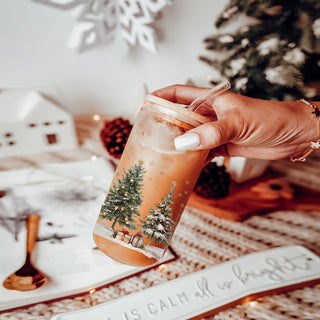 Seasonal Christmas kitchen decor - holiday tumbler cup with winter scene
Christmas glass tumbler gift idea - snowy tree design with bamboo lid