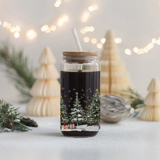 Modern Cute Holiday drinkware gifts glass cup 17oz - Christmas tree winter coffee tumbler bamboo lid - Festive kitchen accessories
Holiday gift idea for women - Christmas glass tumbler with bamboo lid