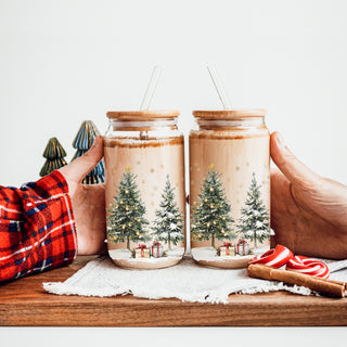 Festive coffee bar gift – Christmas tree and winter wonderland glass cup
Unique holiday coffee cup – glass Christmas tumbler gift for kitchen or office
Christmas morning coffee mug – 17oz glass tumbler with winter holiday design