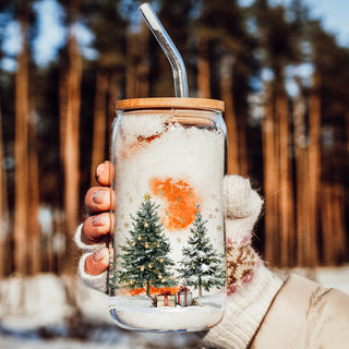 Christmas coffee gifts glass tumbler 17oz - Winter tree holiday drinkware bamboo lid - Festive kitchen accessories
Holiday drinkware glass cup 17oz - Christmas tree winter scene tumbler bamboo lid - Festive coffee gift with straw