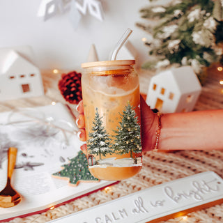 Christmas kitchen decor drinkware - festive glass tumbler with straw
Christmas coffee cup gift - glass tumbler with snowy tree design