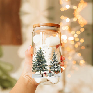 Christmas cup with winter wonderland design
Wholesale Christmas Tree Winter Wonderland glass cup 17oz with bamboo lid - Winter wonderland tree tumbler with glass straw - Holiday drinkware gift