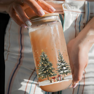 Winter holiday glass cup - festive Christmas design with snowflakes
Christmas coffee tumbler gift - eco-friendly reusable glass cup
Holiday season drink cup - Christmas glass tumbler with bamboo lid