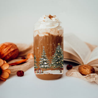 Winter wonderland Christmas tumbler cup with bamboo lid and straw
Christmas gift for her - glass tumbler with snowy trees and presents
Reusable glass holiday cup - festive Christmas tree tumbler with lid