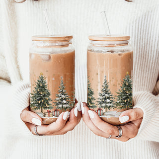 Wholesalers for Christmas kitchen decor glass cup 17oz - Winter tree holiday tumbler with straw - Festive drinkware bamboo lid in bulk
Christmas tree glass tumbler - snowy winter wonderland holiday cup