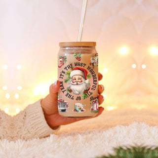 christmas glass cup with lid and straw
Christmas glass cup