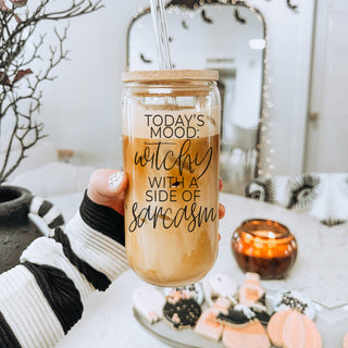 Sarcastic mood witch themed drink set
Glass coffee tumbler with witchy quote and bamboo lid"