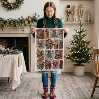 stitched pattern christmas kitchen towel close detail
raised texture christmas towel crochet inspired
fabric texture christmas towel cozy handmade look
yarn style holiday kitchen towel detailed design
quilted look christmas kitchen towel patchwork style