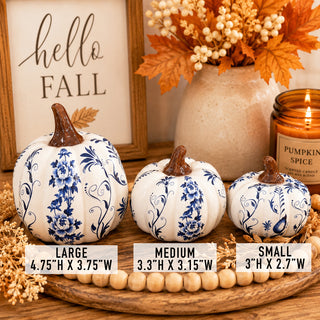 White pumpkins with blue vine design
Chinoiserie pumpkins for chic Halloween decor
Ceramic chinoiserie pumpkins for seasonal display
Blue and white pumpkins with floral motif
White pumpkins with blue ornate pattern