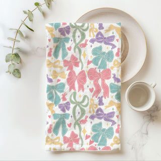 Easter kitchen linen pastel bow ribbon pattern
Whimsical bunny bow kitchen towel spring colors
Preppy pastel bow kitchen towel Easter decor
