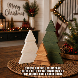 Hand painted rustic wooden spruce christmas trees. 
Neutral CHristmas decorations for coffee tables.
Neutral christmas tree decorations for tiered trays.
Christmas housewarming gift ideas
Cute christmas decoration gift ideas for her new house. 
White christmas tree decorations
wood christmas trees with polk a dots on them.
USA made christmas decorations for shelf styling. 