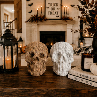 indoor outdoor skull heads rattan basketweave texture neutral brown white halloween fall decor wicker style
designer skull heads rattan basketweave style resin neutral brown white halloween fall table accent wicker look
