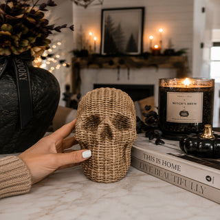 USA wholesalers for luxury Halloween Home Deocratons and Home Accents. 
Rattan style resin skull decor basketweave texture neutral brown white halloween fall table accent durable
natural finish skull decor rattan basketweave style neutral brown white halloween fall gothic accent wicker texture
neutral tone skull heads rattan basketweave texture brown white halloween fall decor gothic accent wicker style
