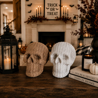artisan skull heads rattan basketweave style resin halloween decor neutral brown white fall table accent
transitional halloween decor skull heads rattan basketweave style neutral brown white fall gothic accent wicker texture
contemporary gothic skull decor rattan basketweave texture neutral brown white halloween fall table accent wicker style
