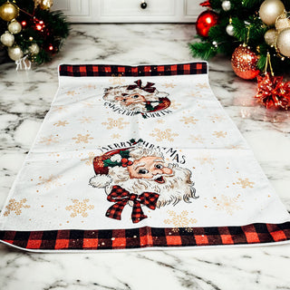 Wholesale Vintage Santa kitchen decor featuring gingham and gold accents
Christmas kitchen towel with retro Santa Claus and festive snowflakes
Classic Santa dish towel with red gingham edges for holiday decor bulk