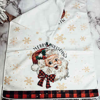 Wholesale Christmas towel set with vintage Santa and rustic gingham design
Traditional Christmas kitchen towel featuring Santa and snowflakes