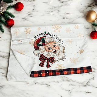 Wholesale Festive kitchen towel with gold snowflakes and Santa Claus print
Classic Christmas dish towel with red and black gingham border
Nostalgic Santa kitchen towel for holiday decor inspiration