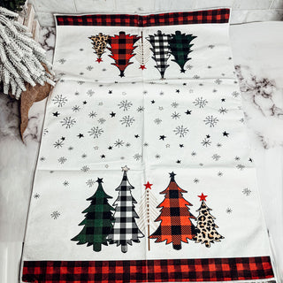 Wholesale Christmas hand towel featuring colorful gingham tree designs and snowflakes
Rustic holiday dish towel with red black gingham ends and festive winter decor in bulk