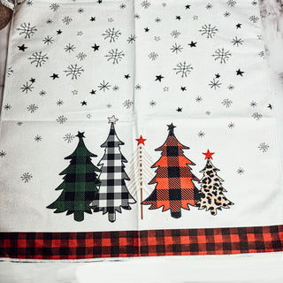 Small business Wholesalers for Gingham Christmas dish towel with hand-drawn snowflakes and festive designs
Holiday kitchen towel with red and black gingham trim and Christmas tree patterns