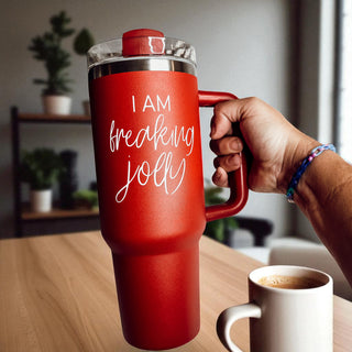 Spill proof Christmas tumbler - I am freaking jolly 40oz red green
Insulated holiday tumbler - I am freaking jolly Christmas 40oz
Dishwasher safe Christmas tumbler - I am freaking jolly red green