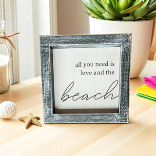 Beach quote wall art with gray distressed frame and coastal accents