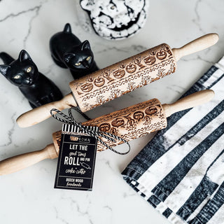pumpkin pattern rolling pin for pie crust
Halloween baking tools wooden rolling pin
embossed rolling pin for sugar cookies Halloween
fall themed rolling pin with pumpkins and trees
Halloween cookie stamp rolling pin wood