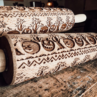 Halloween baking essentials wooden roller
pumpkin rolling pin product lifestyle kitchen
engraved cookie roller Halloween baking tool
decorative rolling pin for holiday baking
pumpkin cookie roller farmhouse kitchen decor
Halloween baking rolling pin flat lay