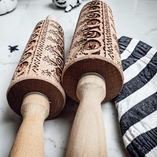 Halloween embossed rolling pin lifestyle image
pumpkin engraved rolling pin baking tool
Halloween cookie dough pattern roller
wooden rolling pin with spooky Halloween design
fall baking essentials rolling pin pumpkins
pumpkin design rolling pin with cookie cutter
Halloween cookie stamp roller wooden