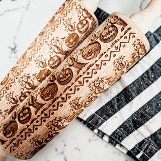 wooden rolling pin that imprints cookie dough
unique Halloween baking gifts for bakers
fall kitchen tools for baking cookies and pies
cookie embossing rolling pin pumpkin pattern
how to get designs on cookies with rolling pin