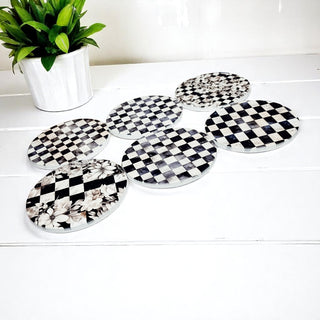 preppy ceramic coasters courtly check black white checkered pattern luxury floral design cork back decor