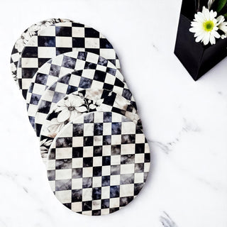 handmade courtly check ceramic coasters black white checkered gingham pattern floral design cork backing luxury