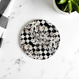 absorbent ceramic coasters courtly check black white checkered gingham pattern floral design cork backing protection