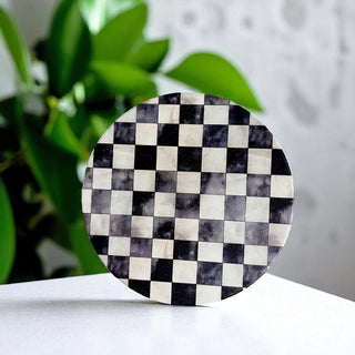 wedding gift ceramic coasters courtly check black white checkered pattern luxury floral design cork back
