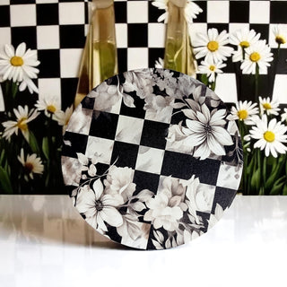 grandmillennial style ceramic coasters courtly check black white checkered gingham floral pattern cork backing